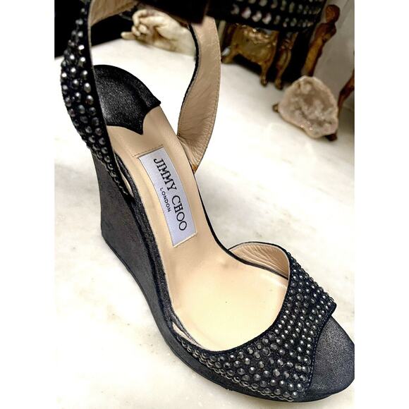 Jimmy Choo Gun Metallic Pable Crystal Hematite studs wedge sandal Heels Ankle 39 - Picture 4 of 16